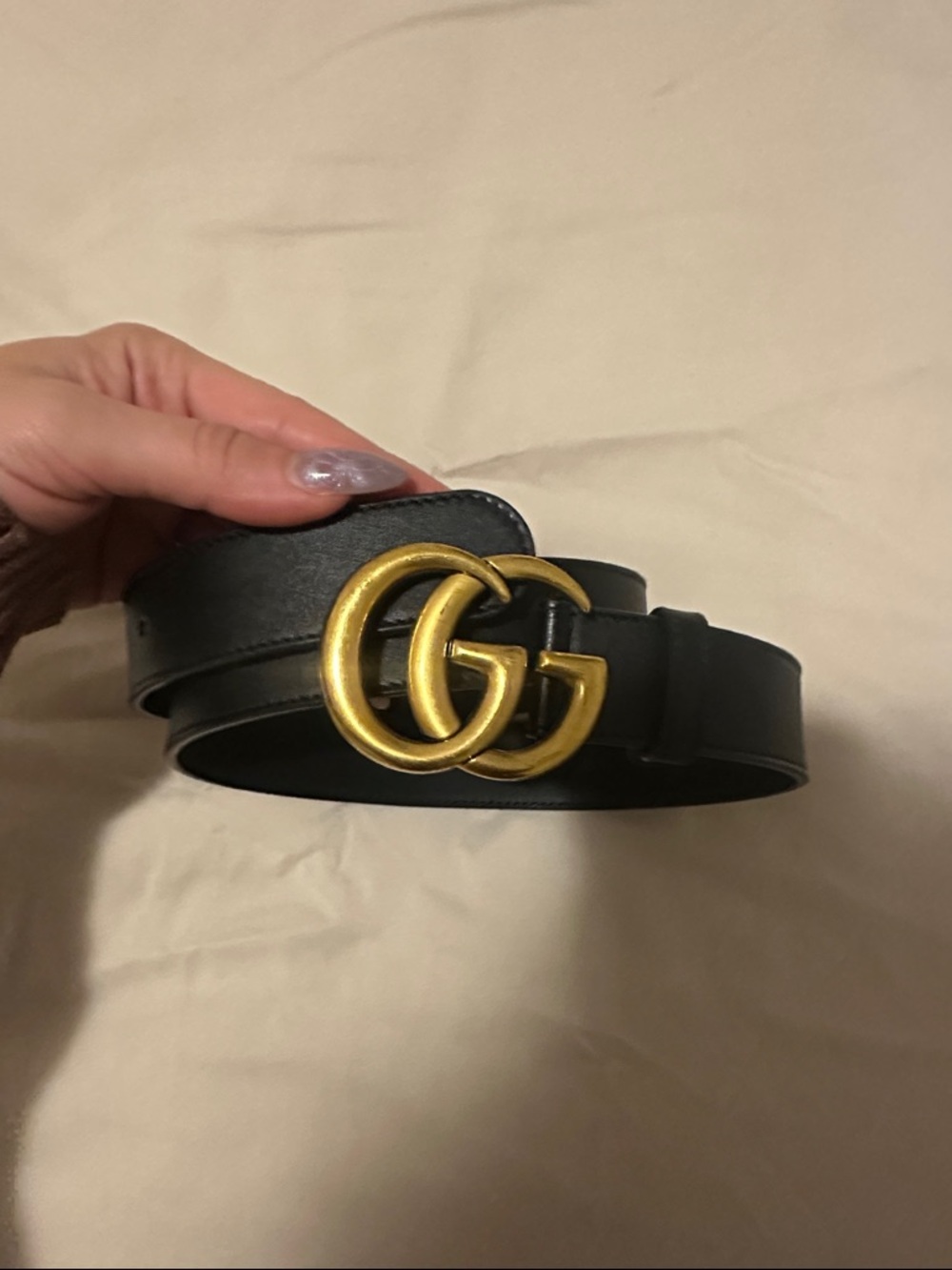 Black Leather Belt with Gold Double-G Buckle